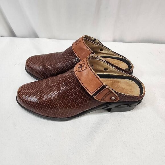 Ariat Women's 9 Brown Leather Woven Rattan Weave Slingback Clog Mules Comfort - Picture 4 of 9